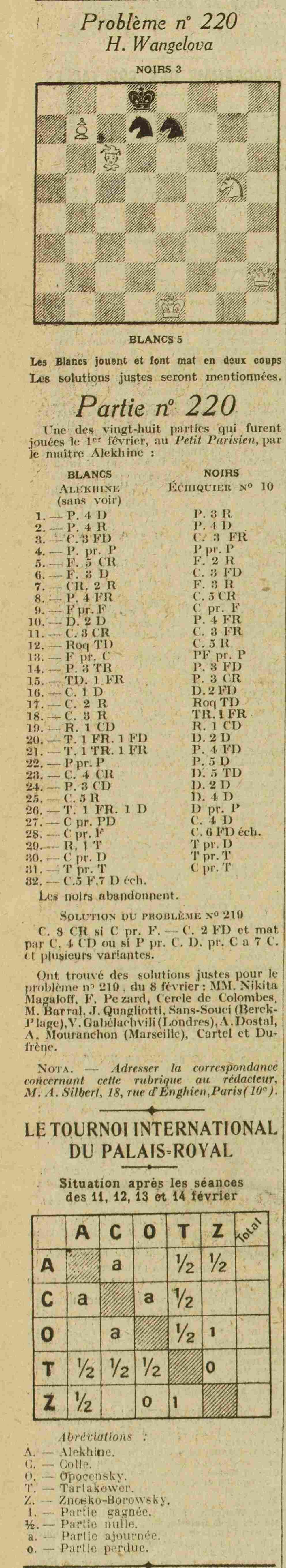 Le problème et la partie d'échecs n°220 jouée entre Alekhine et l'échiquier n°10 le 01 février