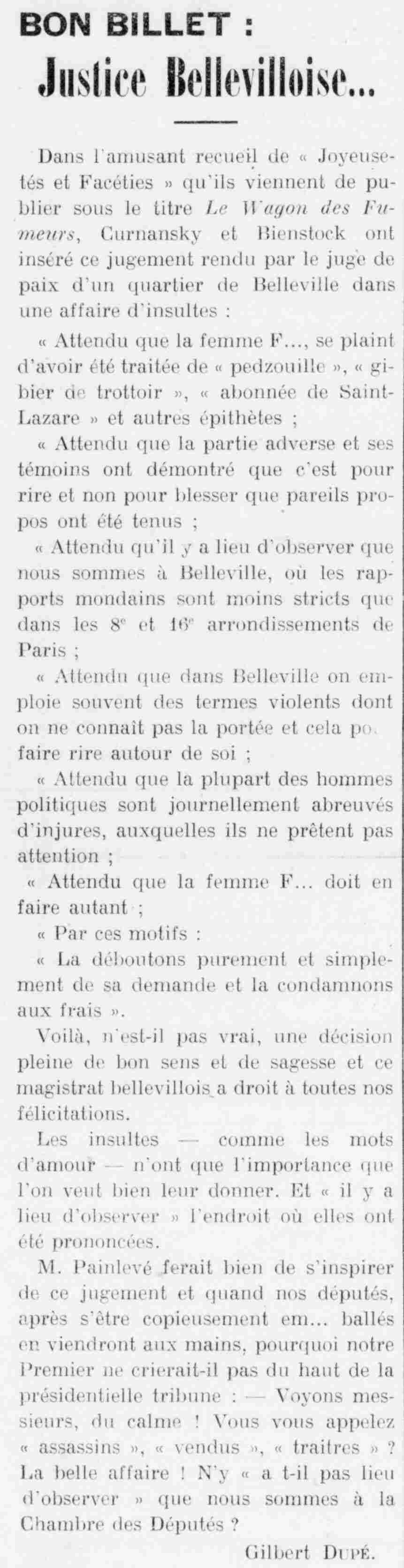 justice Bellevilloise, encore une affaire d'insultes