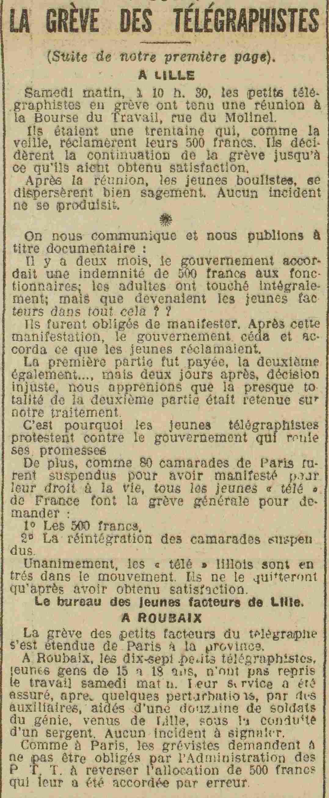 Le Grand écho du Nord 1925 03 08 art 01 02 grève des télégraphistes 3
