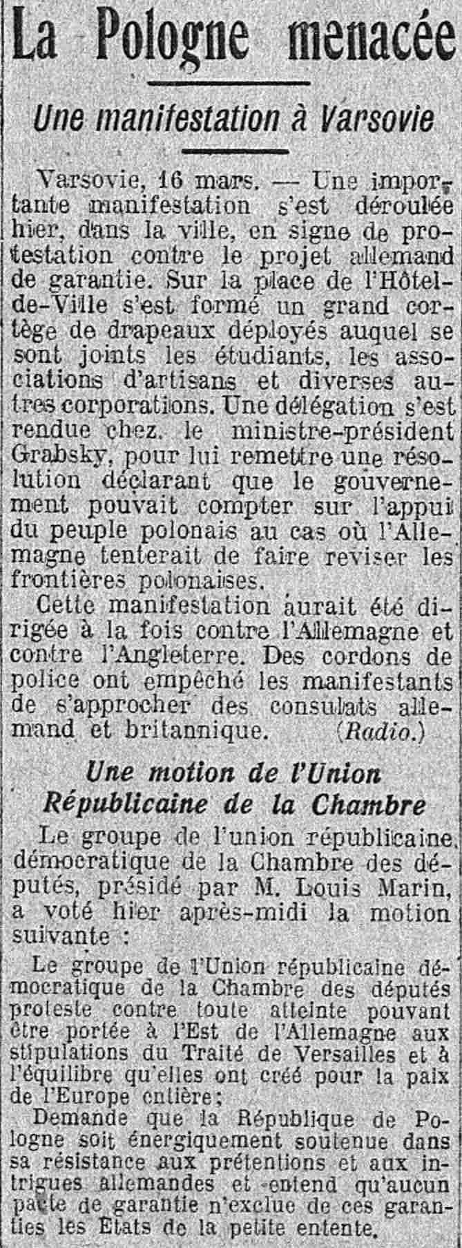 LÉcho de Paris 1925 03 17  la Pologne menacée