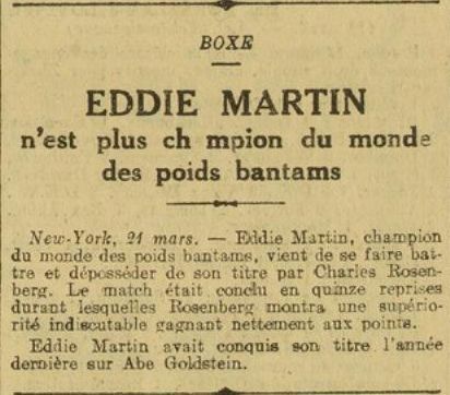 LAuto vélo 1925 03 22 Eddie Martin n'est plus champion du monde des poids bantams