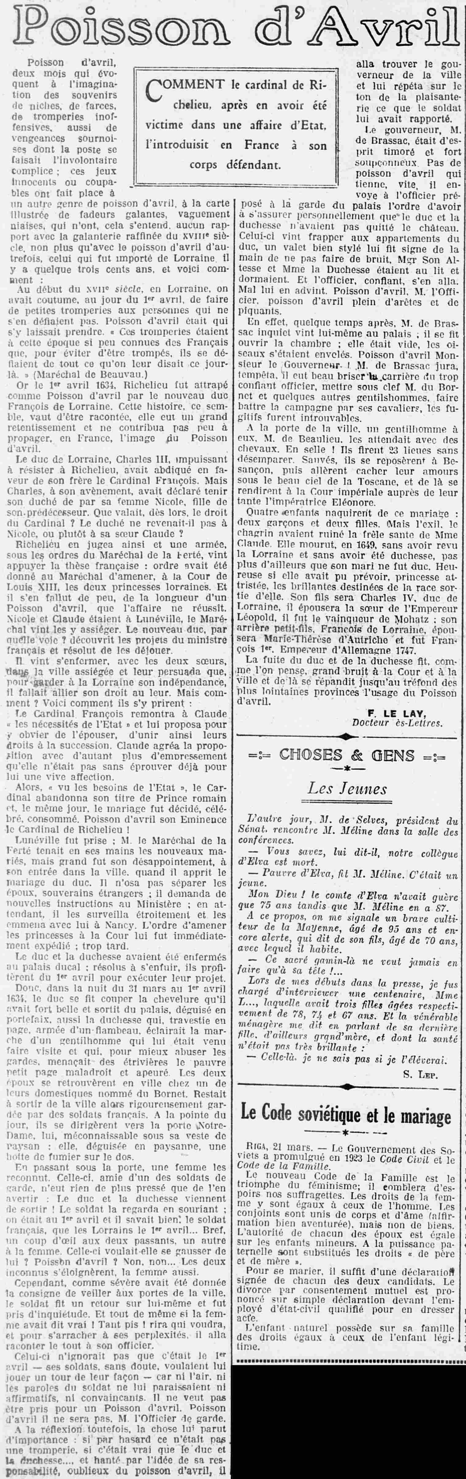 LOuest Éclair 1925 03 22 origine du poisson d'avril