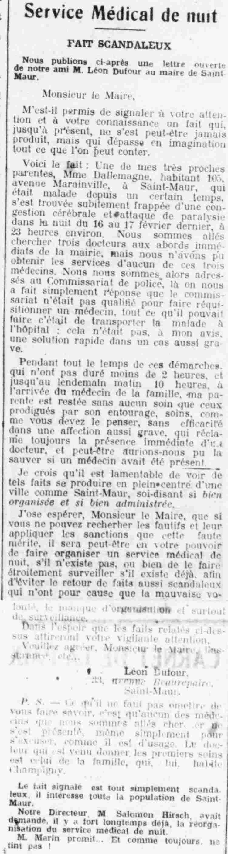 La Dépêche de Saint Maur 1925 03 22 Saint-Maur: Night Medical Service, a scandal