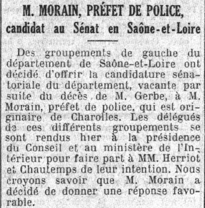 Le Petit Parisien 1925 03 22 Le préfet Morain candidat sénateur
