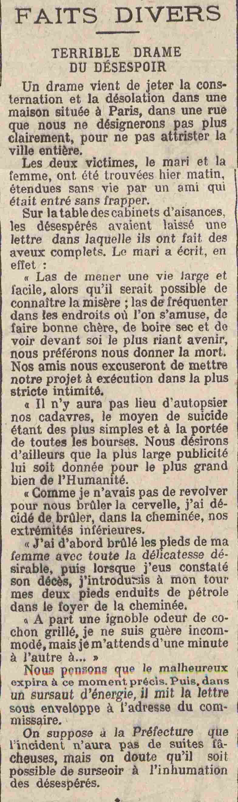 Le Régiment 1925 03 22 Suicide conjugal, un terrible drame du désespoir