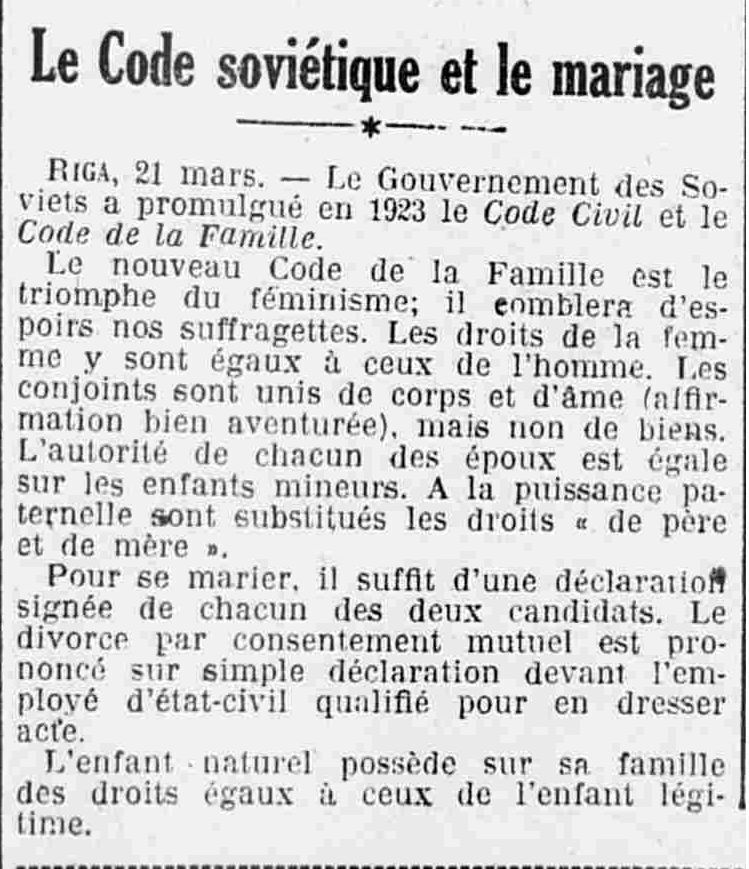 L'ouest éclair_1925_03_22  The Soviet Code and Marriage