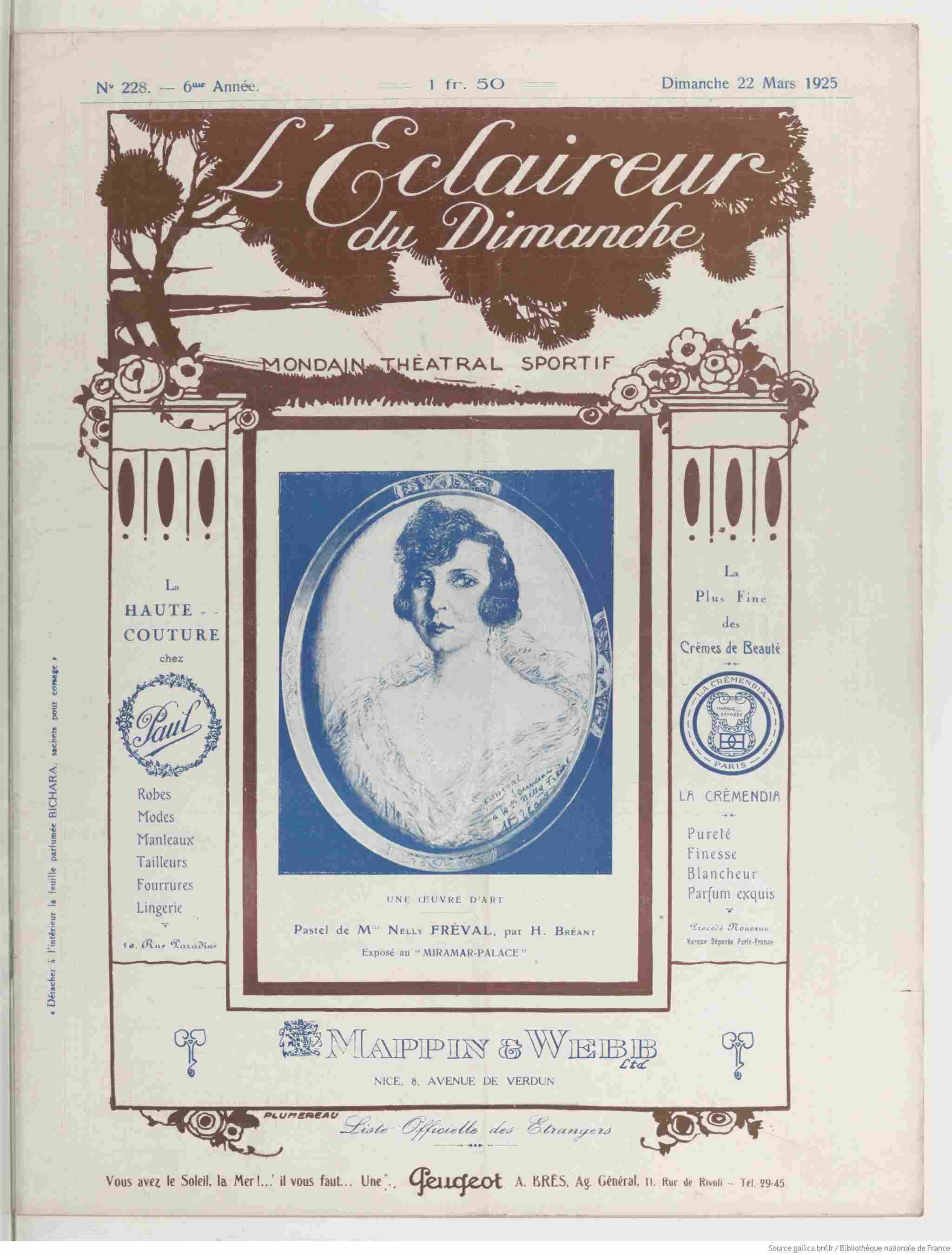 LÉclaireur du dimanche 1925 03 22  A pastel portrait of Mademoiselle Nelly Fréval by H. Bréant