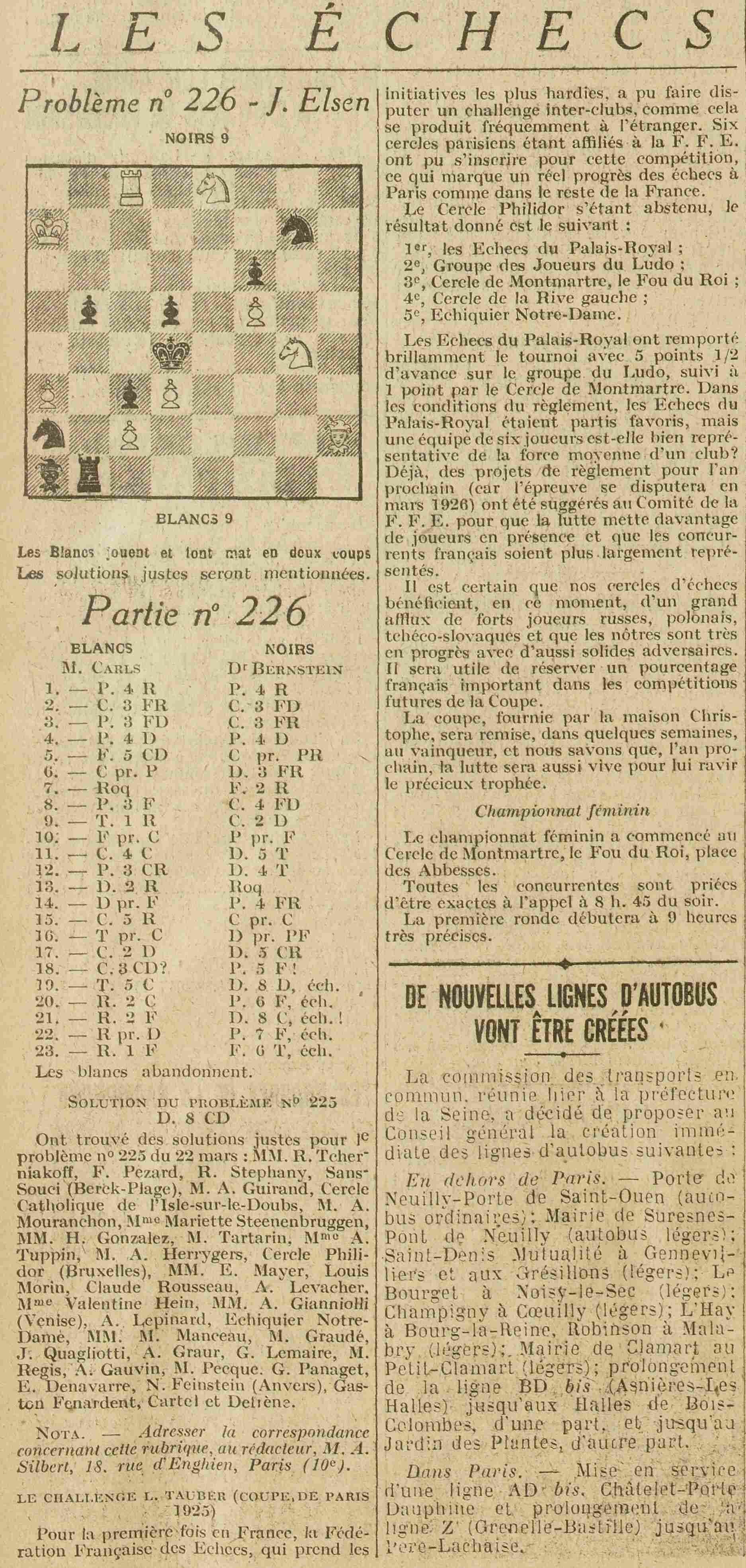 Excelsior 1925 03 29 problèe et partie n°226 jouée entre Bernstein et Carls