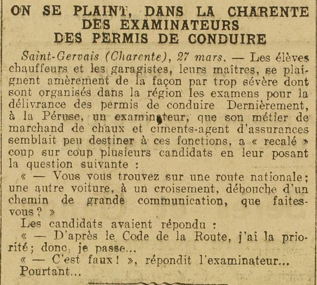 LAuto vélo 1925 03 29 There are complaints about driving license examiners in Charente