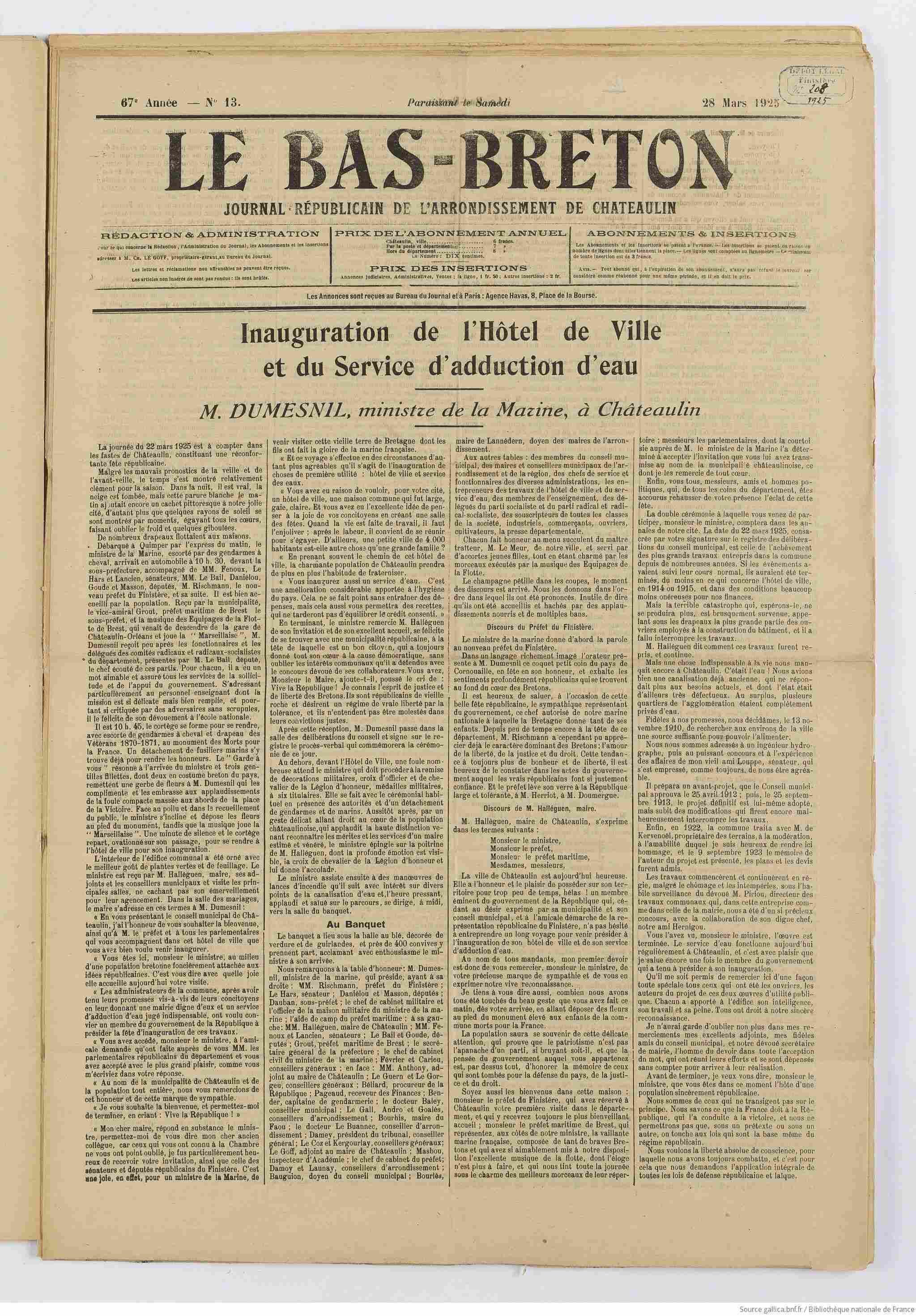 Le Bas Breton 1925 03 29 l'inauguration de la mairie de Chateaulin