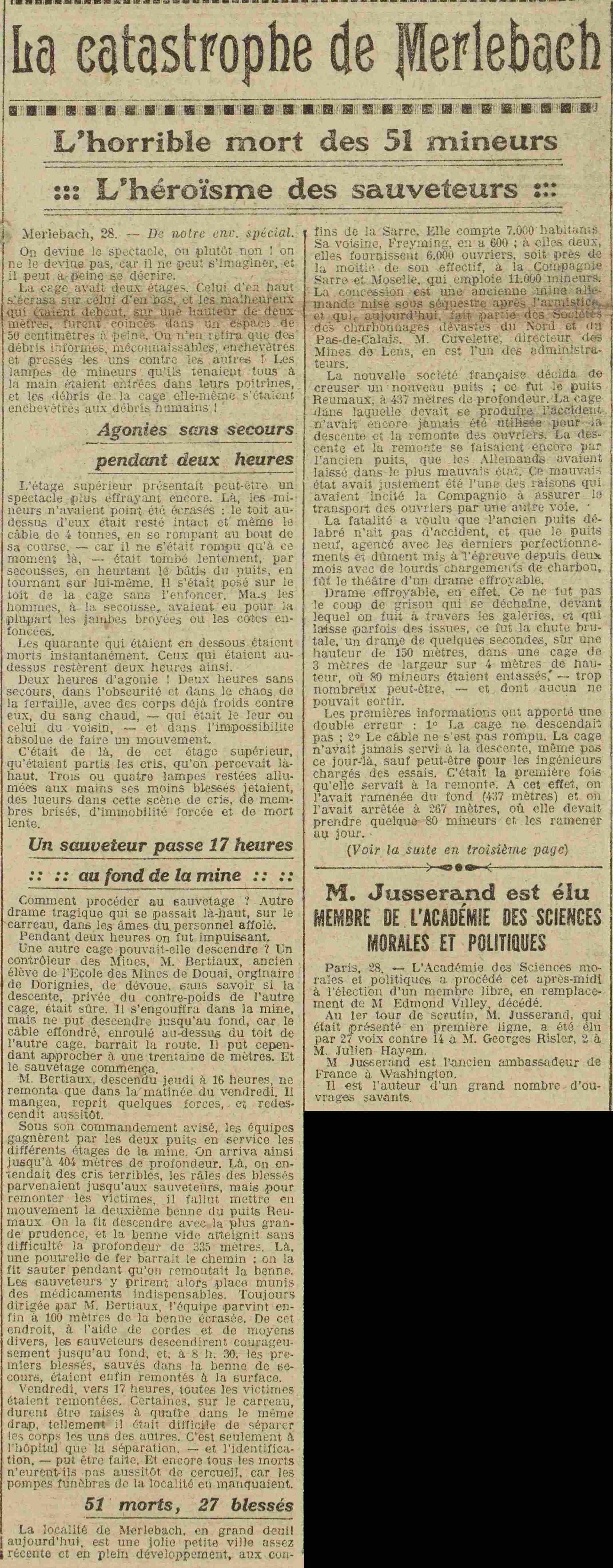 Le Grand écho du Nord 1925 03 29 The Merlebach Disaster