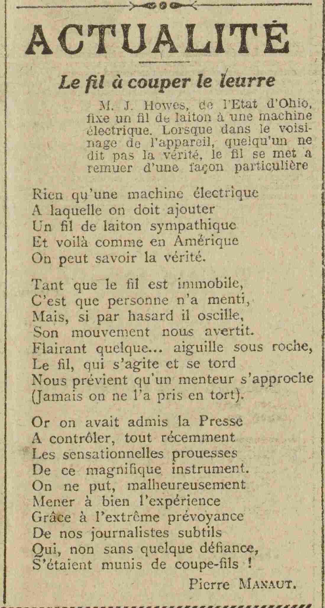 Le Grand écho du Nord 1925 03 29 le fil à couper le leurre un détecteur de mensonge ?