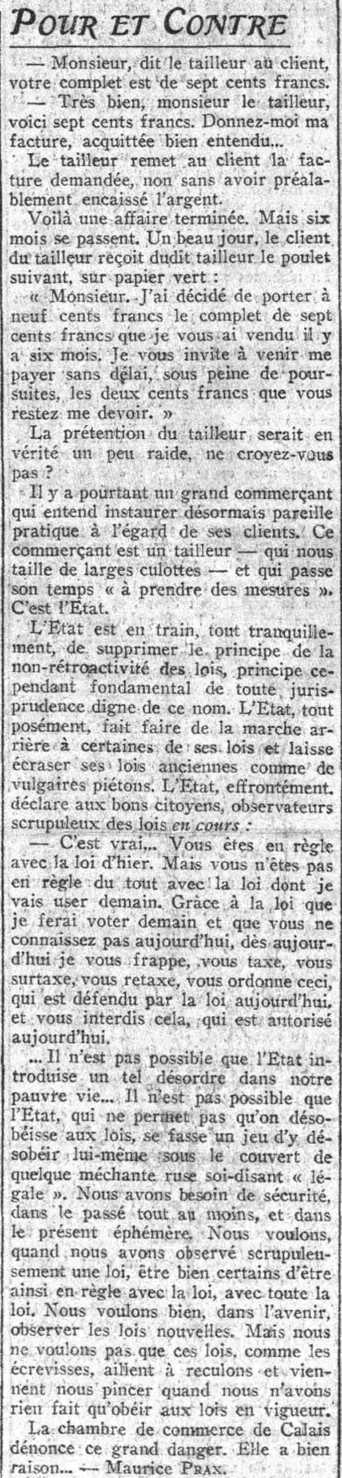 Le Petit Parisien 1925 03 29 The State is abolishing the principle of non-retroactivity of laws