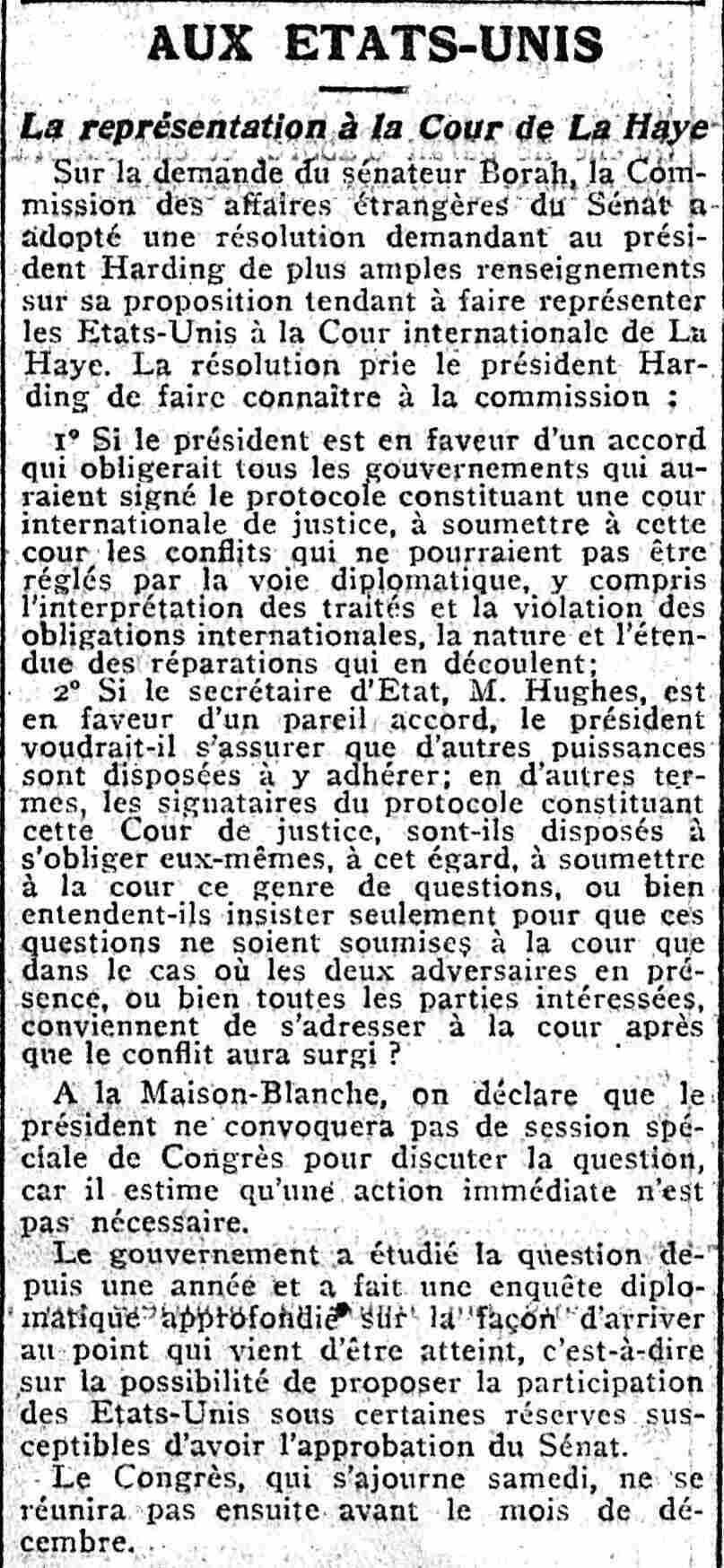 Journal des débats 1925 04 05 The representation of the United States in the Hague Court