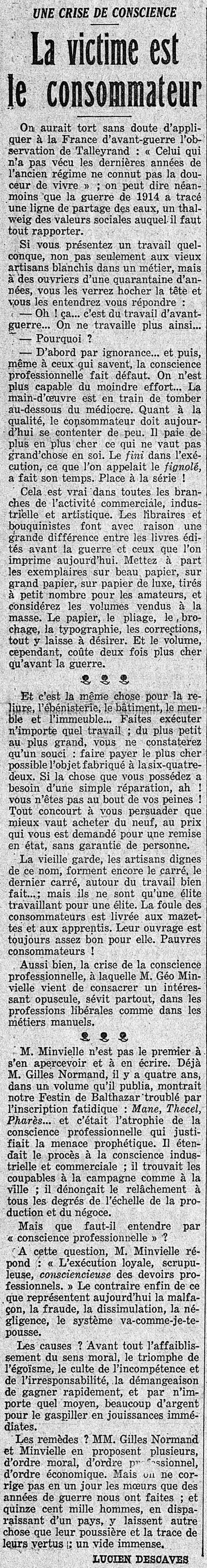 LIntransigeant 1925 04 05 : A crisis of conscience whose victim is the consumer