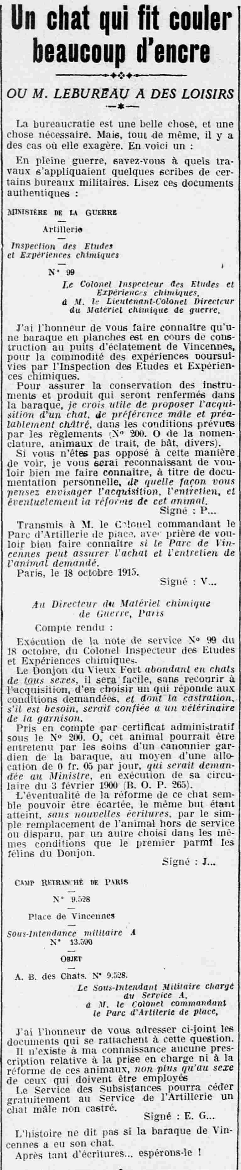 LOuest Éclair 1925 04 05 : A cat that caused a lot of ink to flow