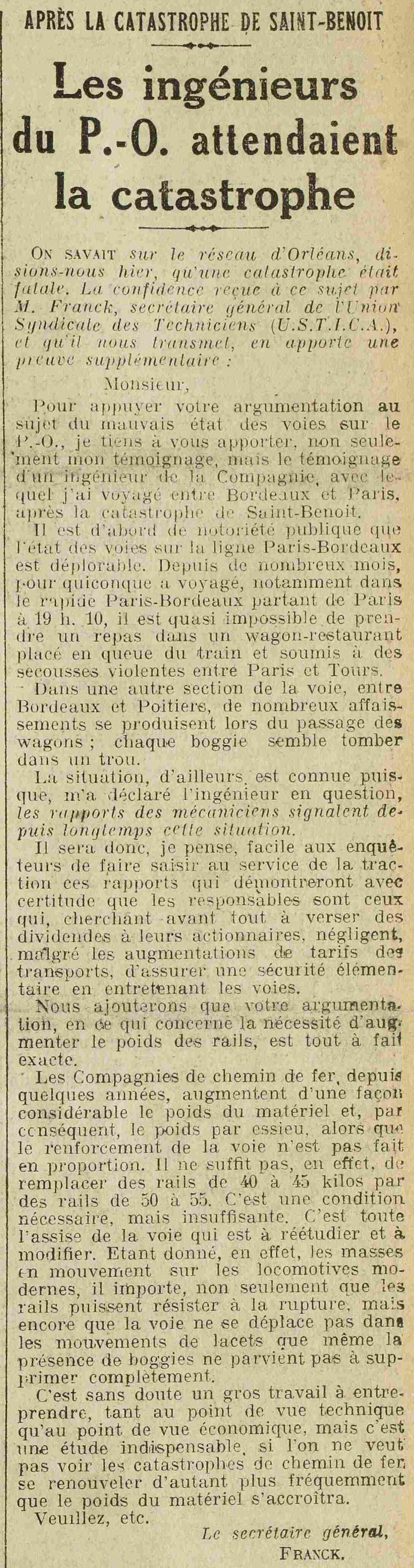 L Oeuvre 1925 04 05 la catastrophe feoorviaire de Saint Benoît était attendue par le personnel technique