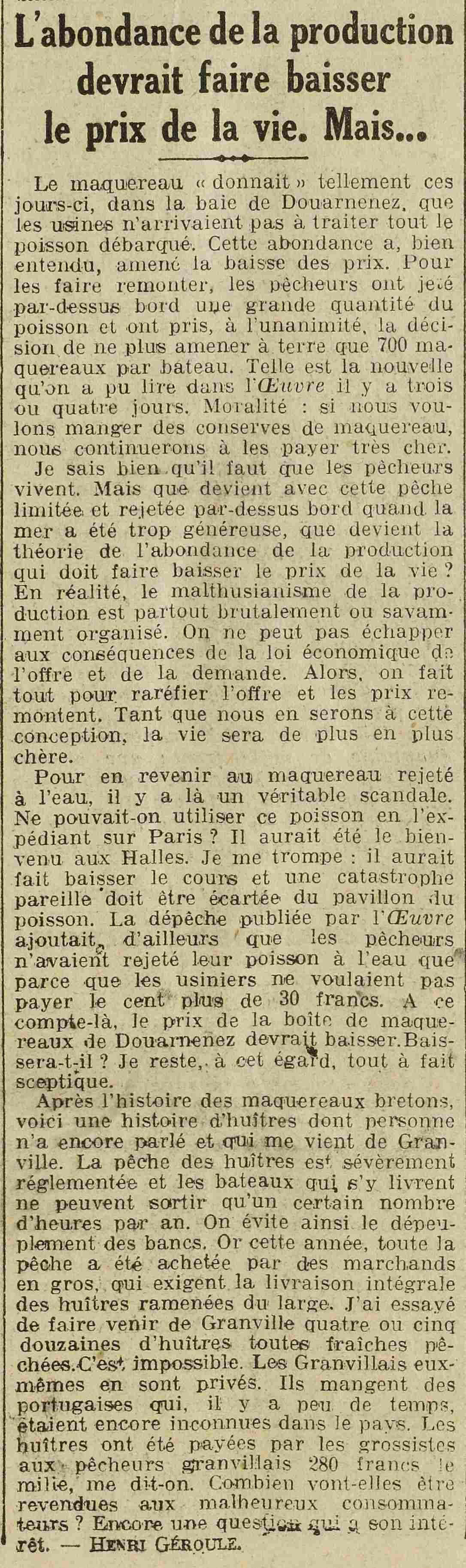 L Oeuvre 1925 04 05 l'abondance de la production devrait faire baissser le coût de la vie mais...