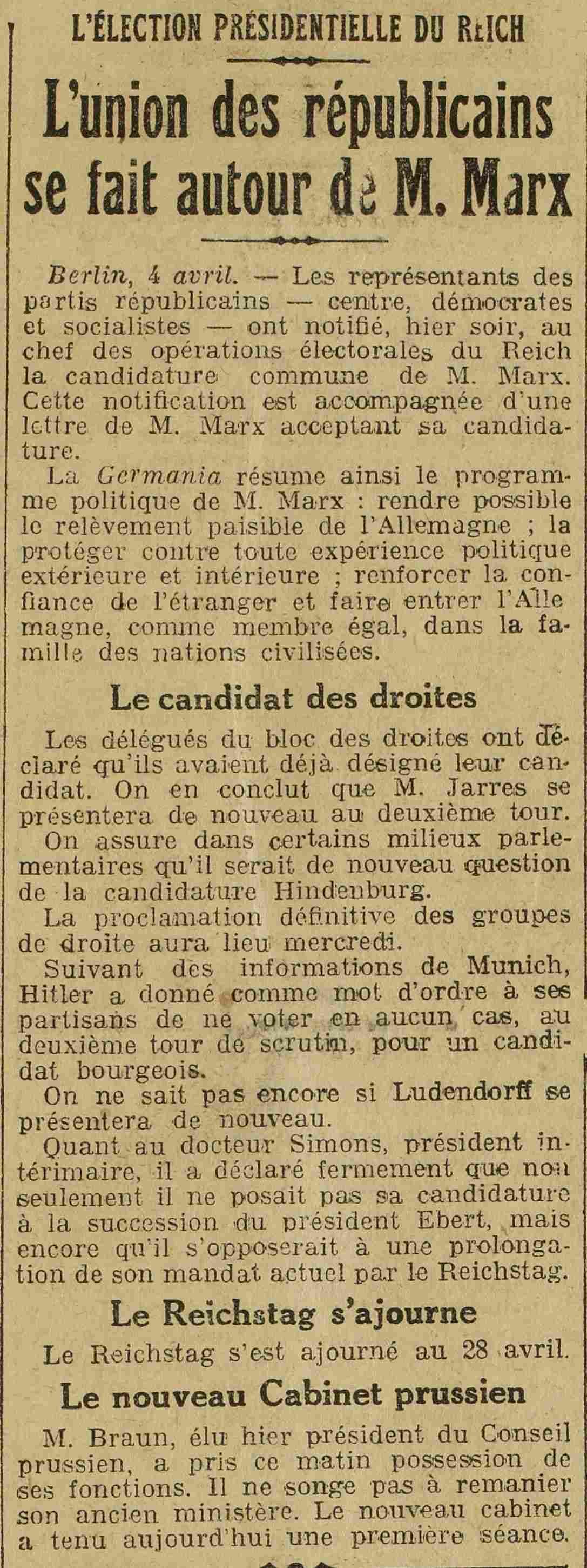 L Oeuvre 1925 04 05 Les élections en Allemagne : l'Union des républicains se fait autour de Marx