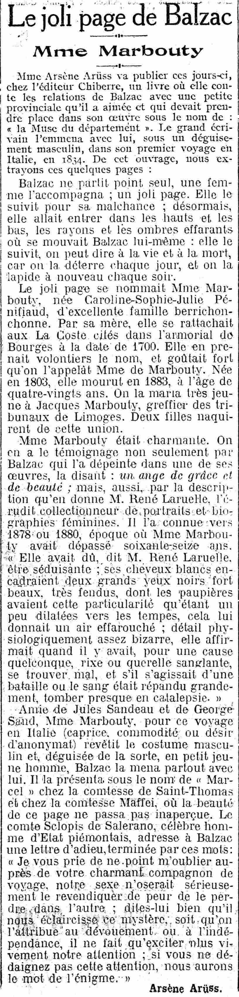 Le Figaro 1925 04 05 Mme Marbouty, "the Muse of the Department" and Honoré de Balzac