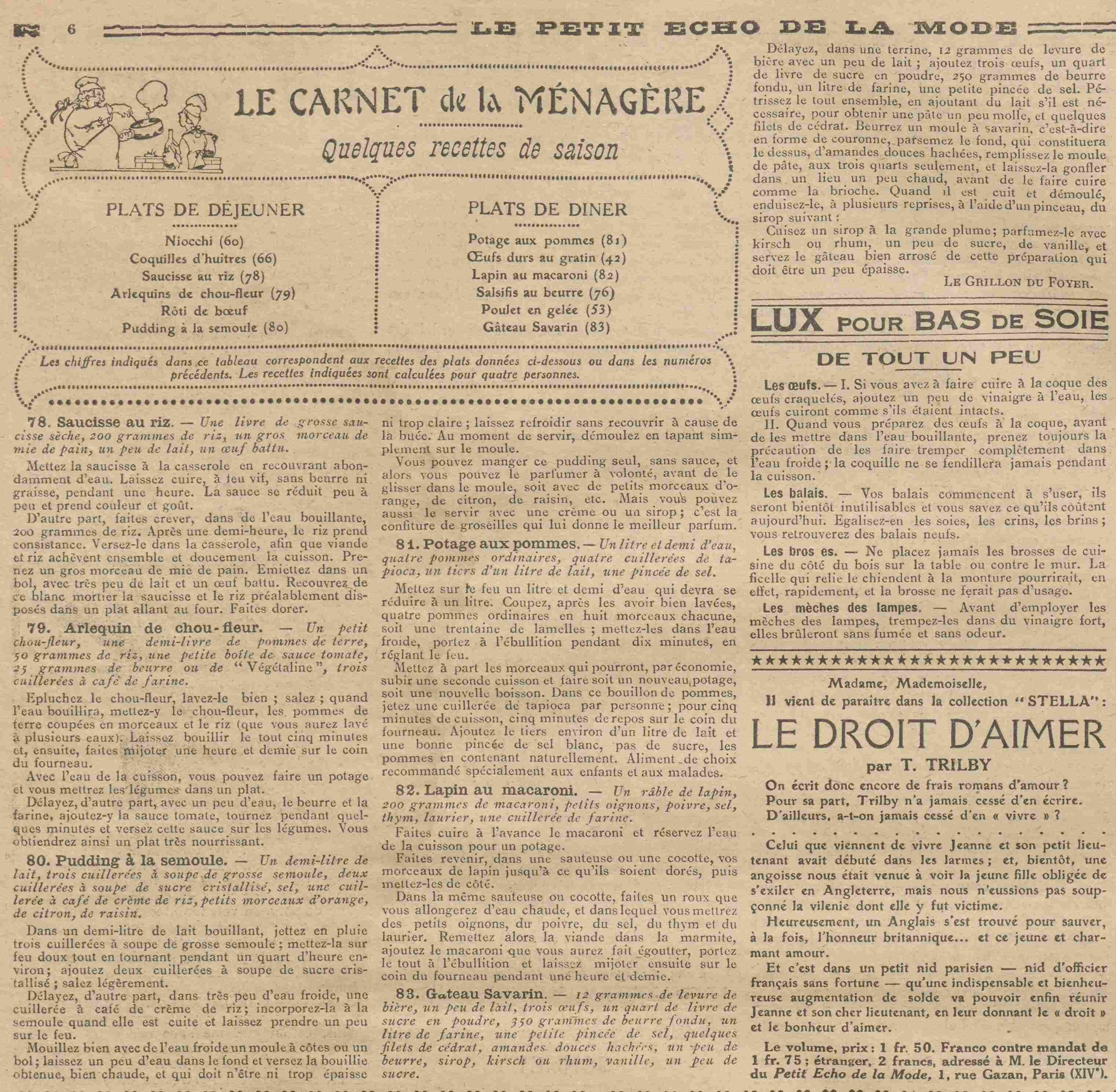 Le Petit écho de la mode 1925 04 05  menus et recettes pour chaque jour de la semaine