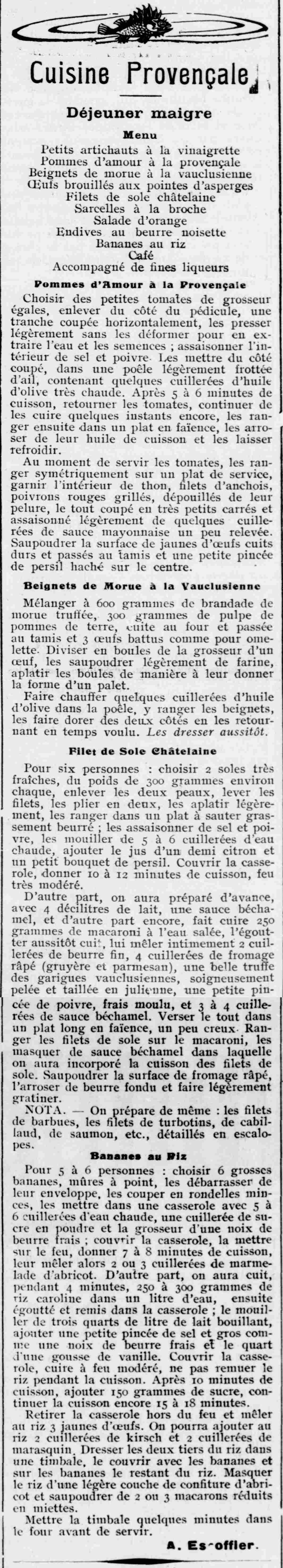 Le Provençal de Paris 1925 04 05 la cuisine provençale, trois recettes d'Auguste Ecoffier
