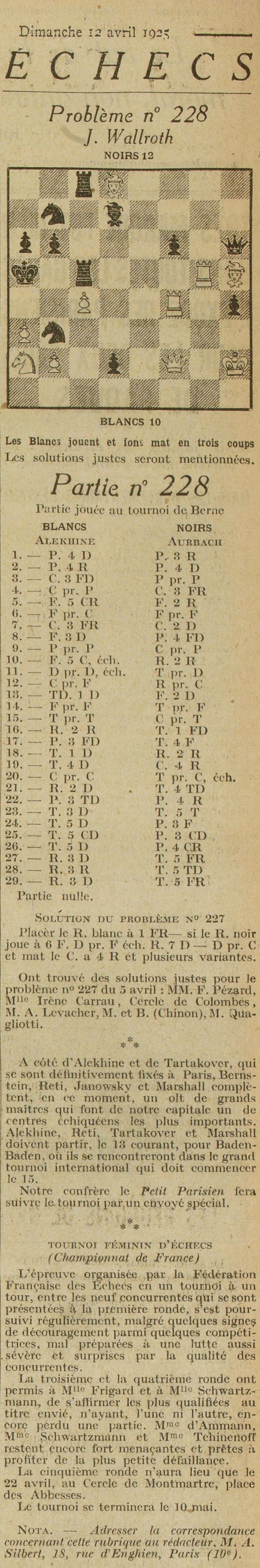 Excelsior 1925 04 12 The chess game played between Alekhine and Aurbach at the Bern tournament