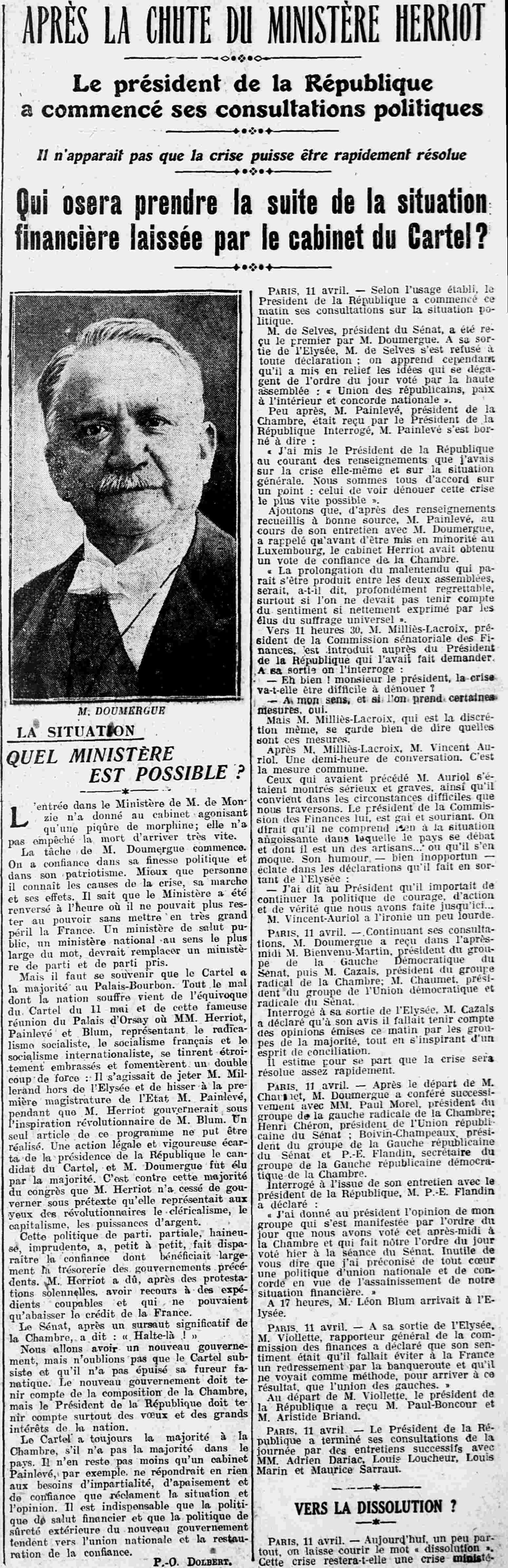 LOuest Éclair 1925 04 12 art 01 la chute du Ministère 1