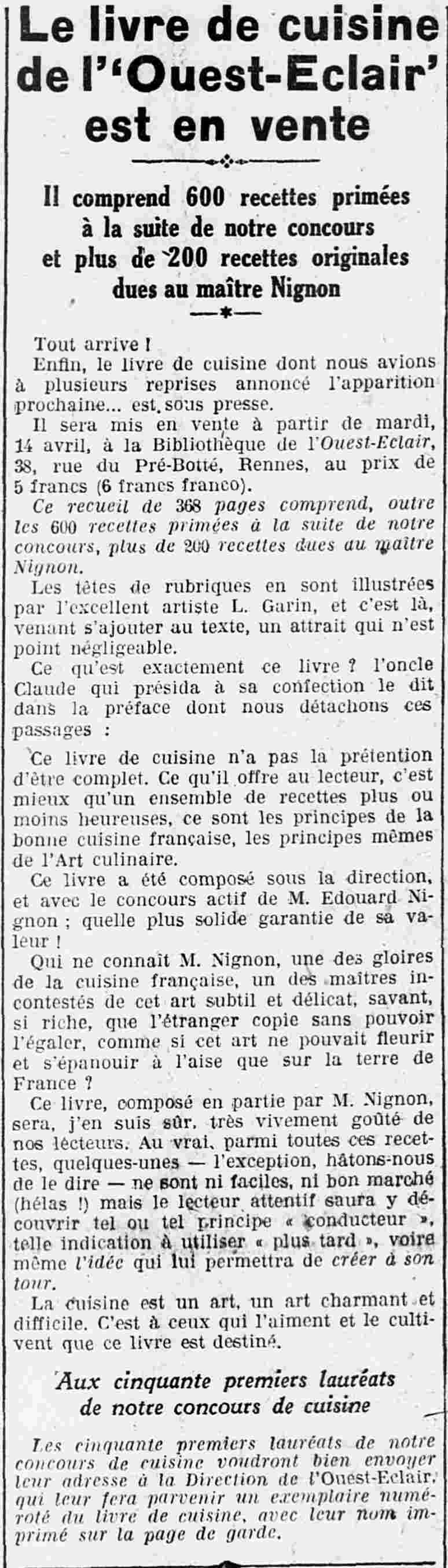 LOuest Éclair 1925 04 12  résultat du concours de recettes de l'Ouest Éclair et le livre de recette de l'Ouest-Éclair sous la direction d'Edouard Nignon