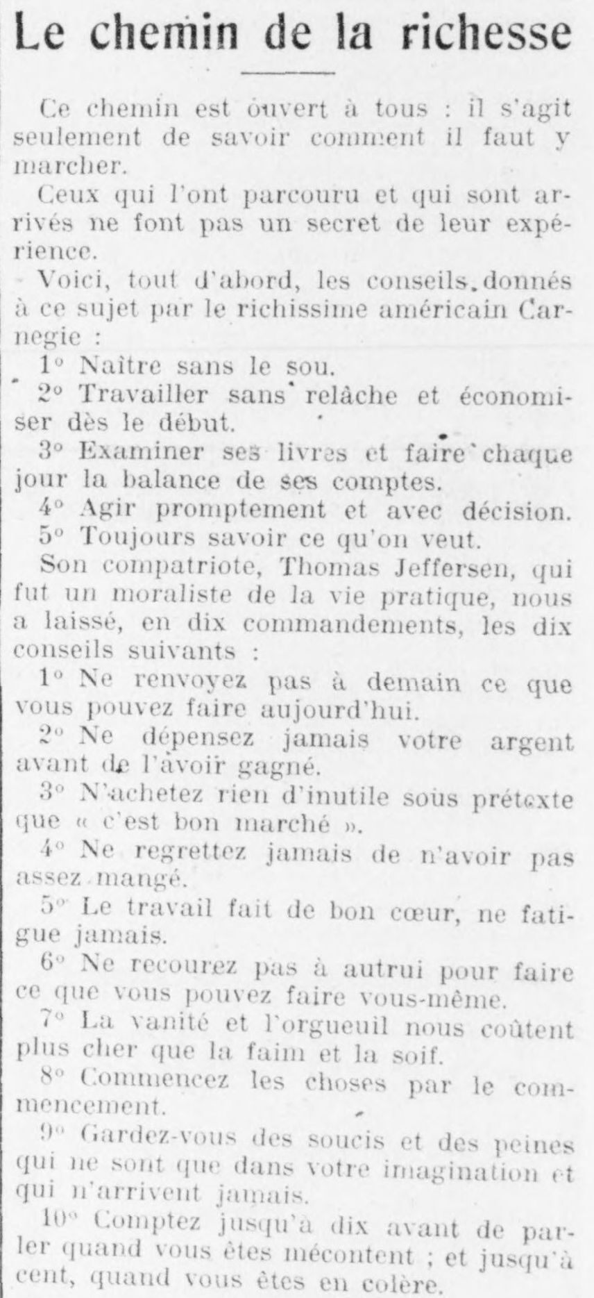 Le Funi 1925 04 12 the road to wealth, with the advice of Andrew Carnegie and Thomas Jefferson