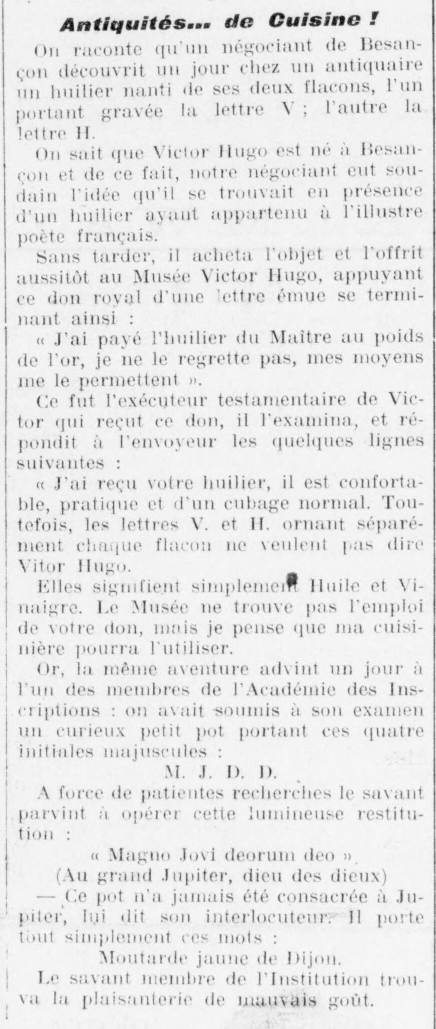 Le Funi 1925 04 12 Kitchen antiques: the oil cruet that belonged to Victor Hugo and the mustard pot dedicated to Jupiter