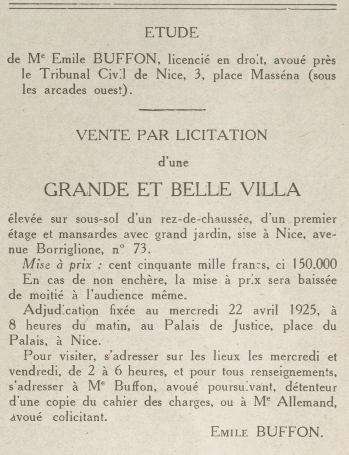 LÉclaireur du dimanche 1925 04 12  vente par licitation dune villa à Nice, 73 avenue Borriglione 
