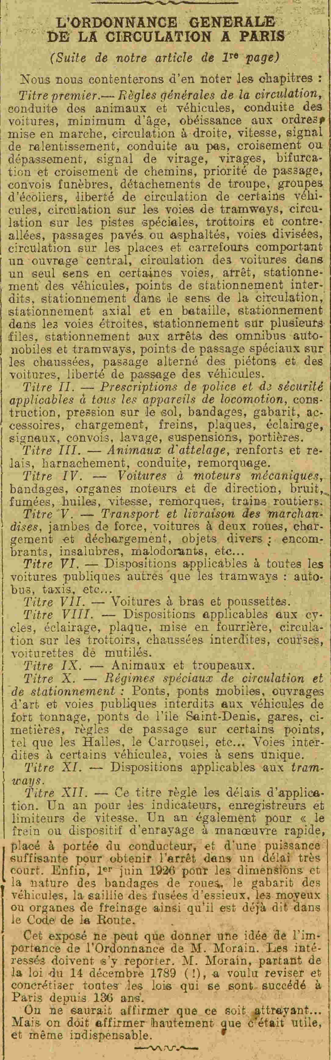 LAuto vélo 1925 04 19 General traffic order in Paris chapter headings