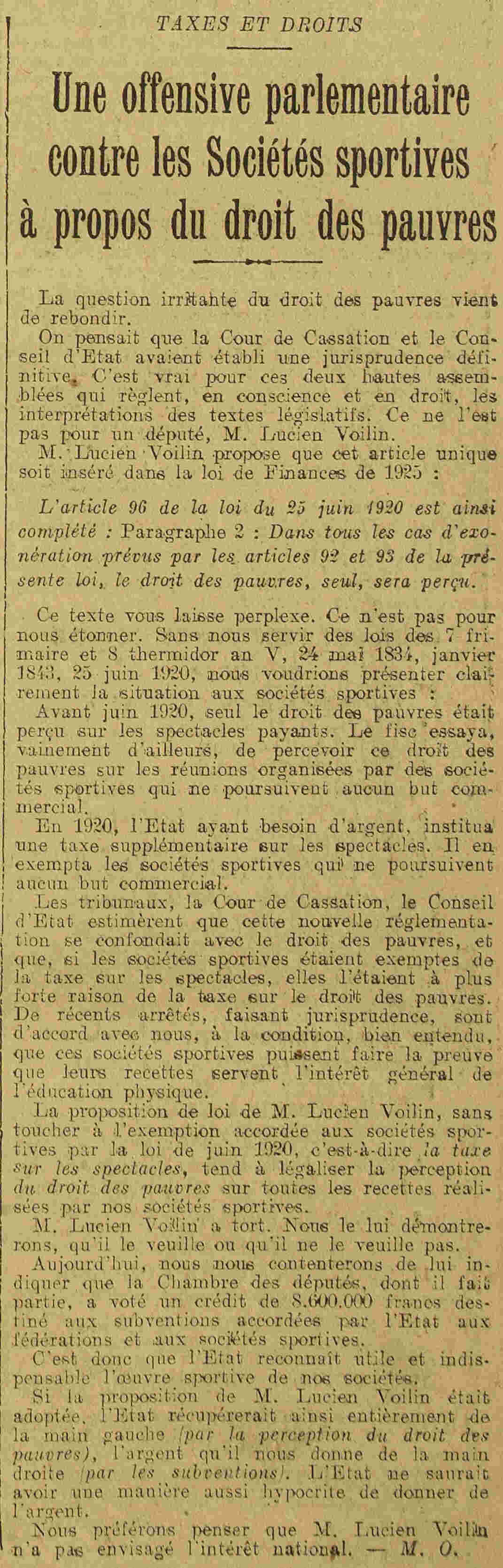 LAuto vélo 1925 04 19 parliamentary offensive against sports companies and the rights of the poor