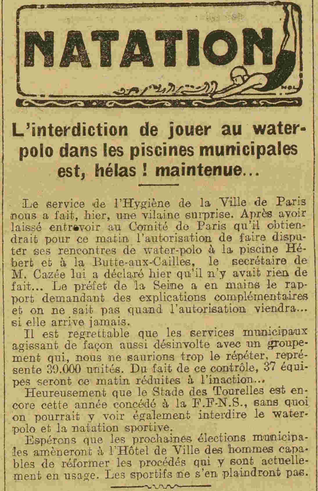 LAuto vélo 1925 04 19 interdiction de jouer au water polo dans les piscines parisiennes