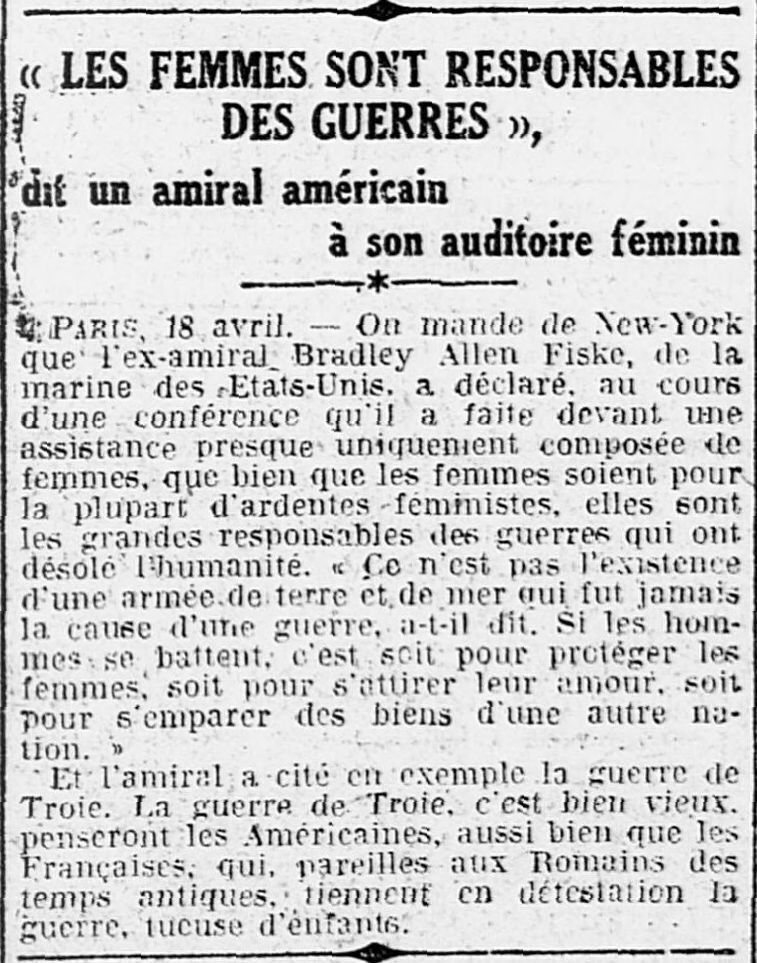 LOuest Éclair 1925 04 19 les femmes sont responsables des guerres dixit Bradley Alan Smith