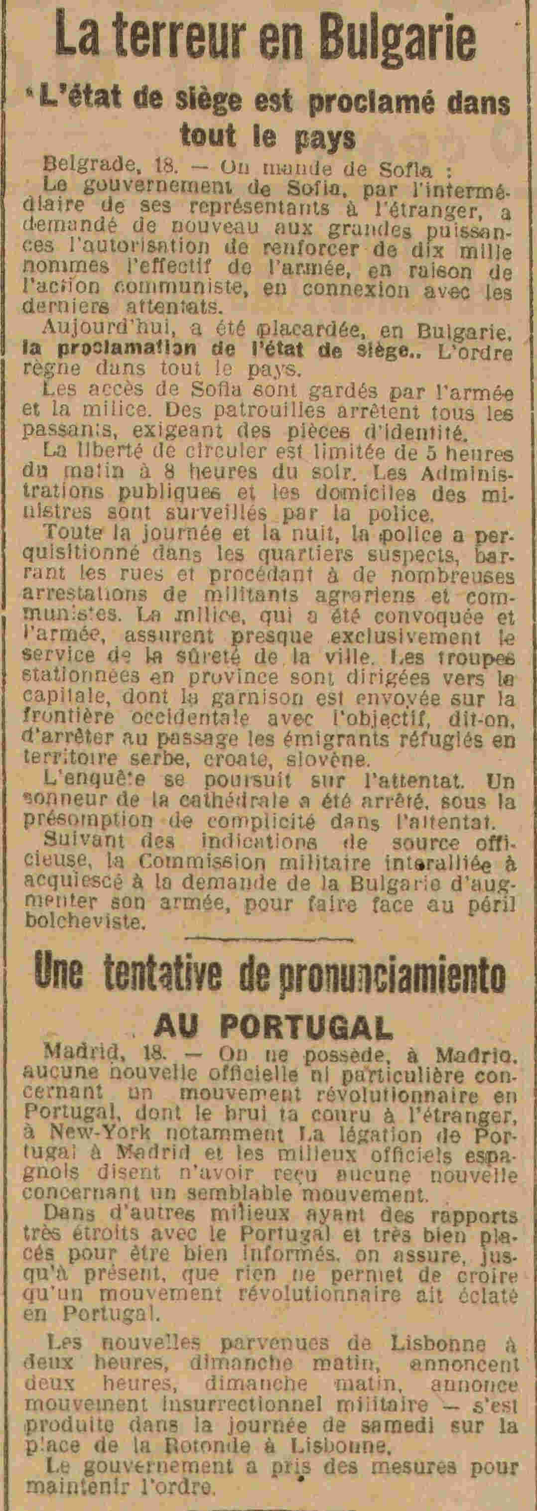 Le Grand écho du Nord 1925 04 19 terreur en Bulgarie et pronunciamento au Portugal