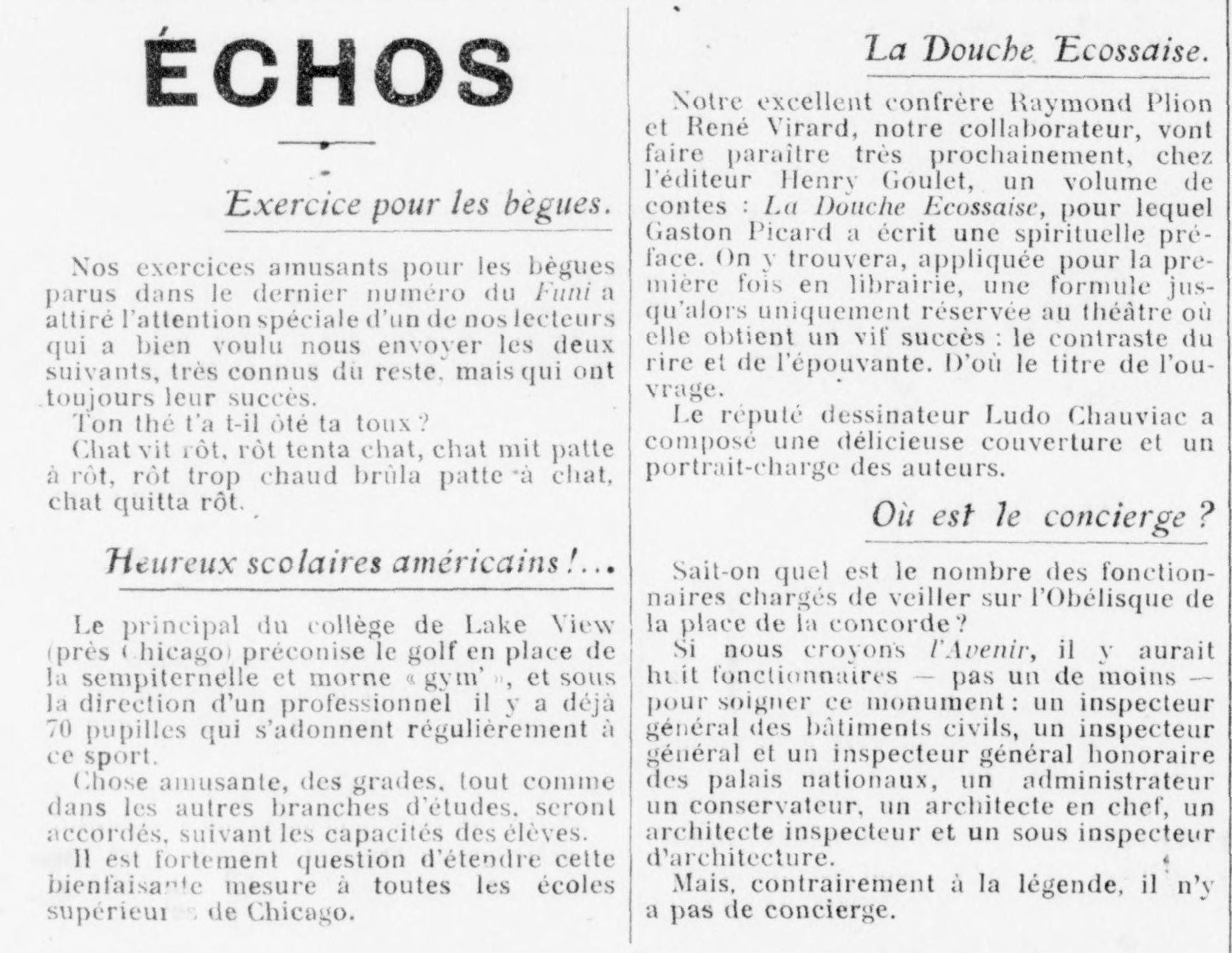 Le Funi 1925 04 26 art 02 les Échos heureux scolaires Américains Où est le concierge 2