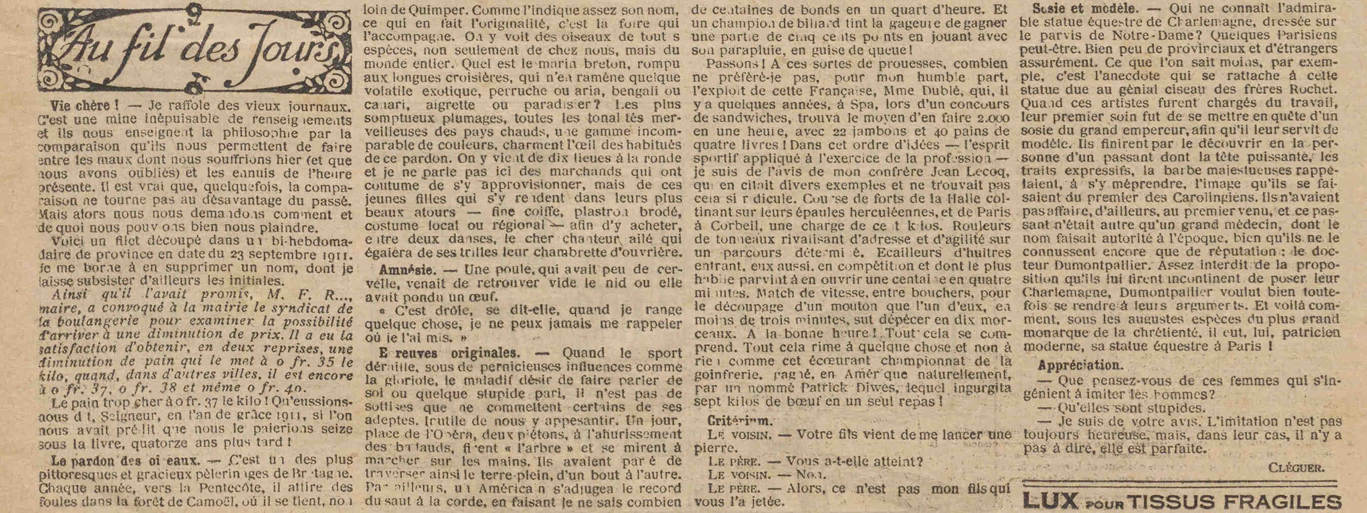 Petit écho de la mode 1925 05 03 - Au fil des jours les vieux journaux, le pardon des oiseaux, la statue du parvis de Notre-Dame