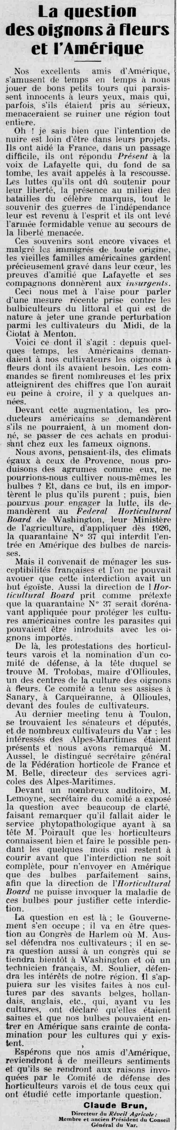 Provençal de Paris 1925 05 03 - la question des oignons à fleurs dAmérique