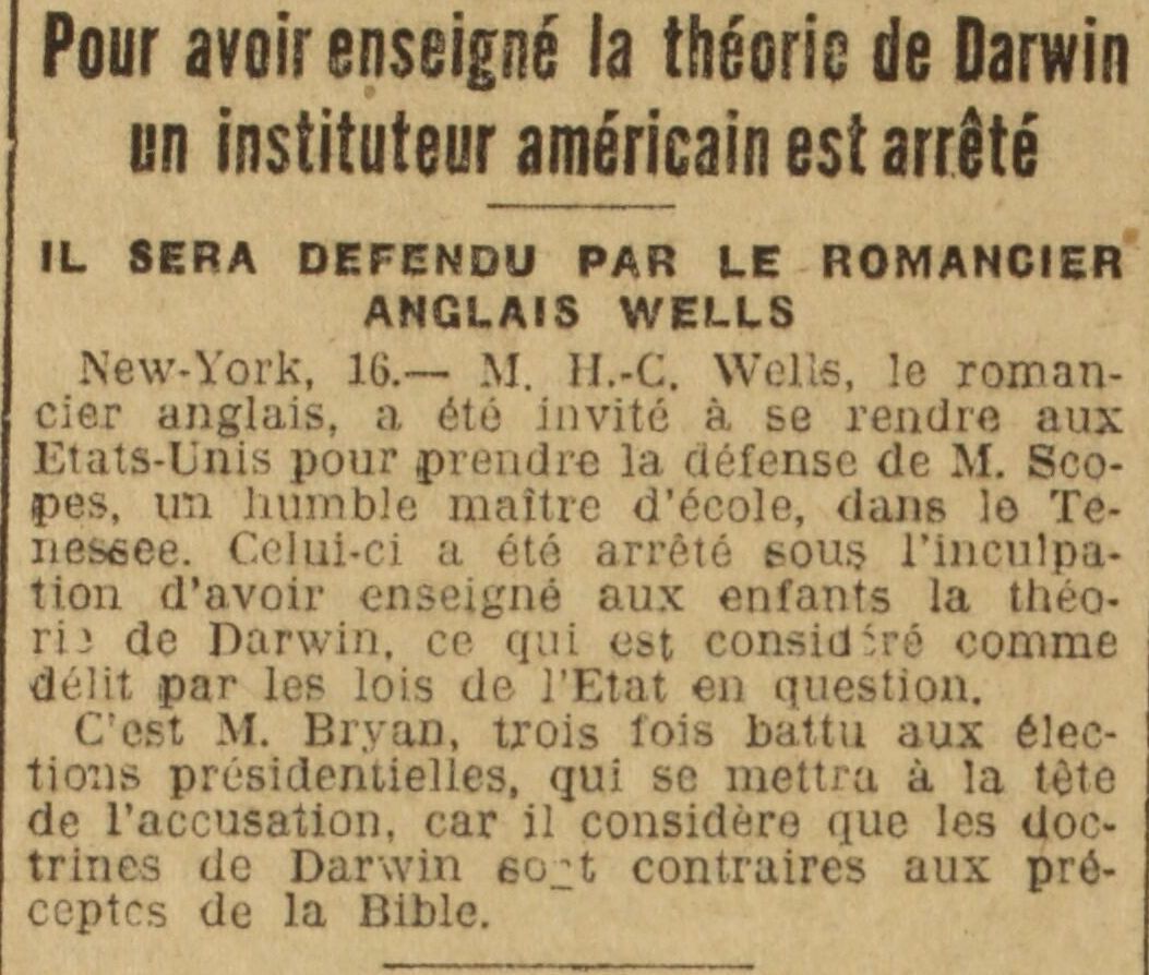 Le Grand écho du Nord 1925 05 17 Dans Etat du Tennessee, poursuivi pour avoir enseigné le Darwinisme 