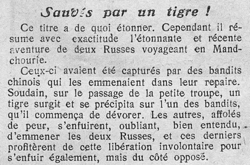 Le Petit journal illustré 1925 05 17 Deux Russes sauvés par un tigre en Mandchourie