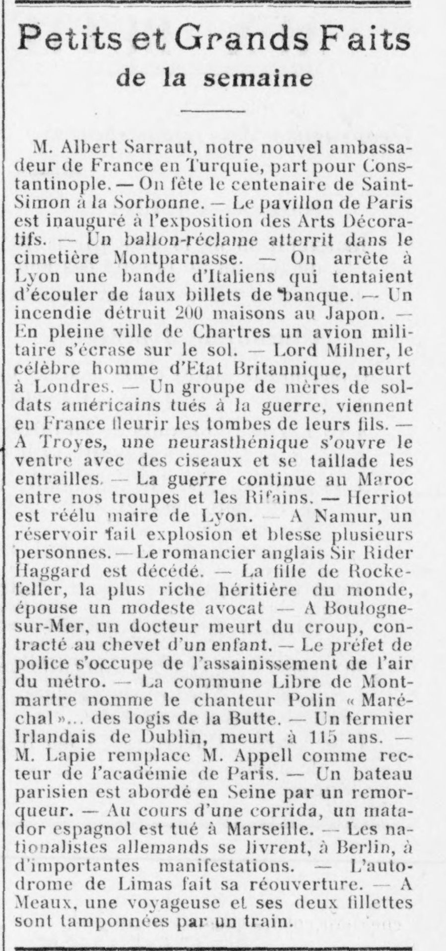 Le Funi 1925 05 24 petits et grands faits de la semaine sans commentaires