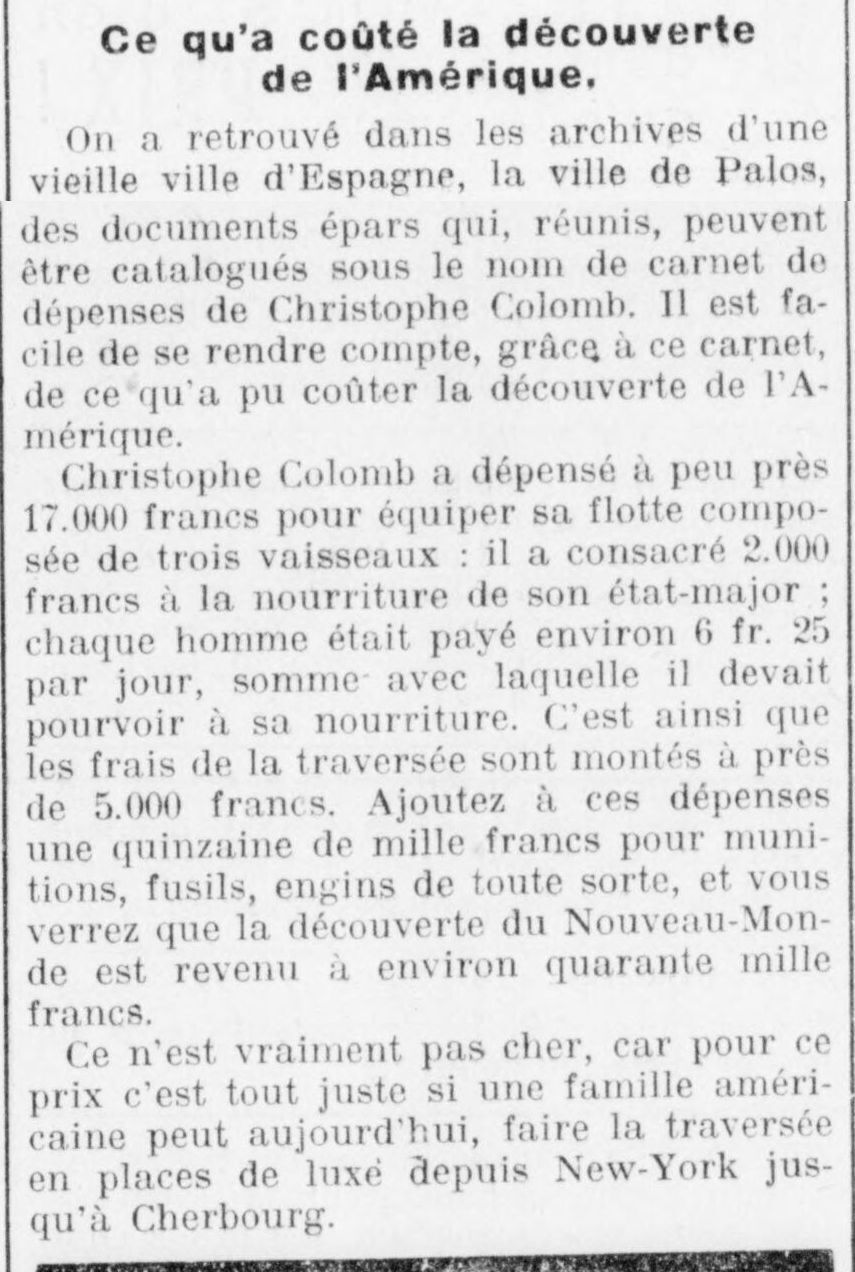 Le Funi 1925 05 24 What the discovery of America cost. Christopher Columbus's expense book, discovered in the archives of an old town