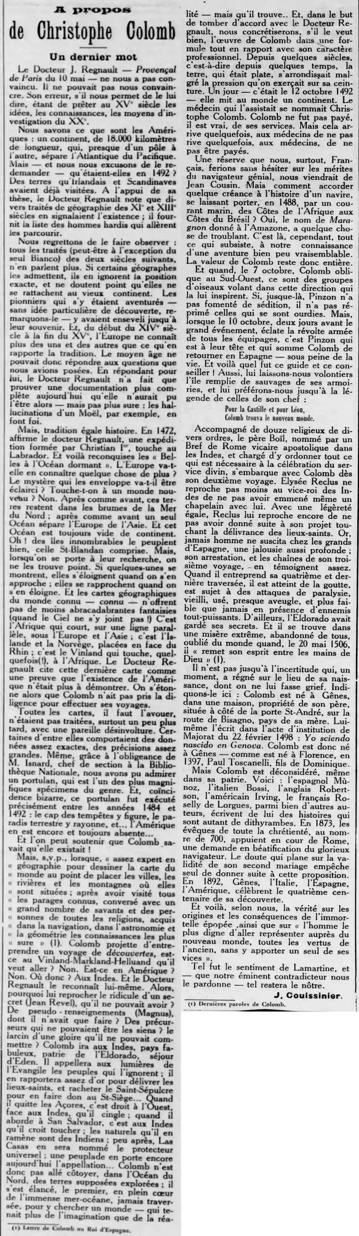 Le Provençal de Paris 1925 05 24 art 01 à propos de Christophe Colomb