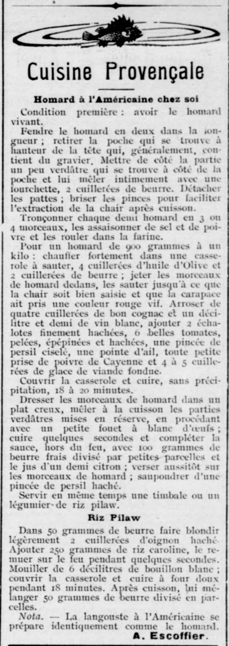 Le Provençal de Paris 1925 05 24  homard à lAméricaine recette par Auguste Escoffier
