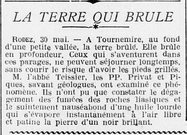 LOuest Éclair 1925 05 31 art 01 the burning earth in Tournemire Aveyron