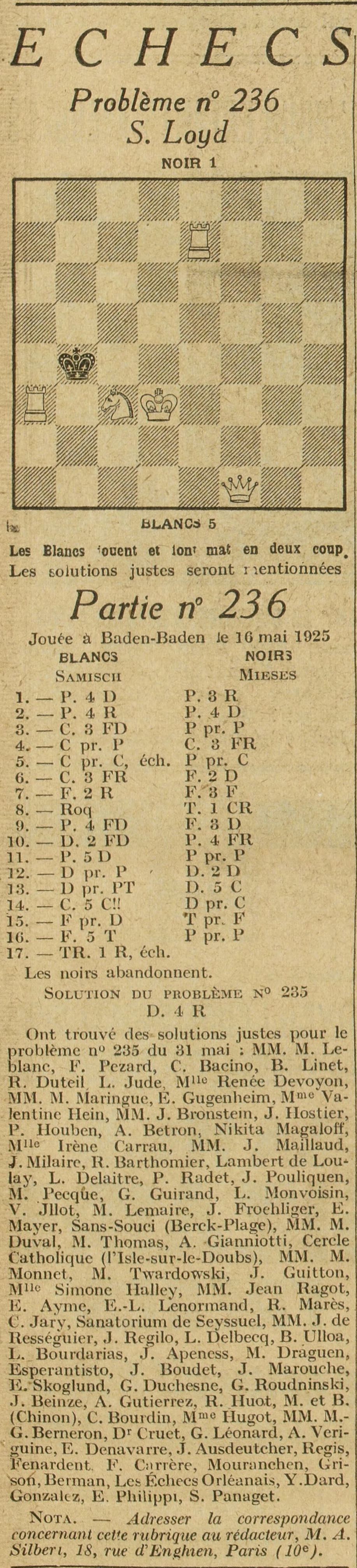Excelsior 1925 06 08 Chess and Game No. 236 played between Samisch and Mieses