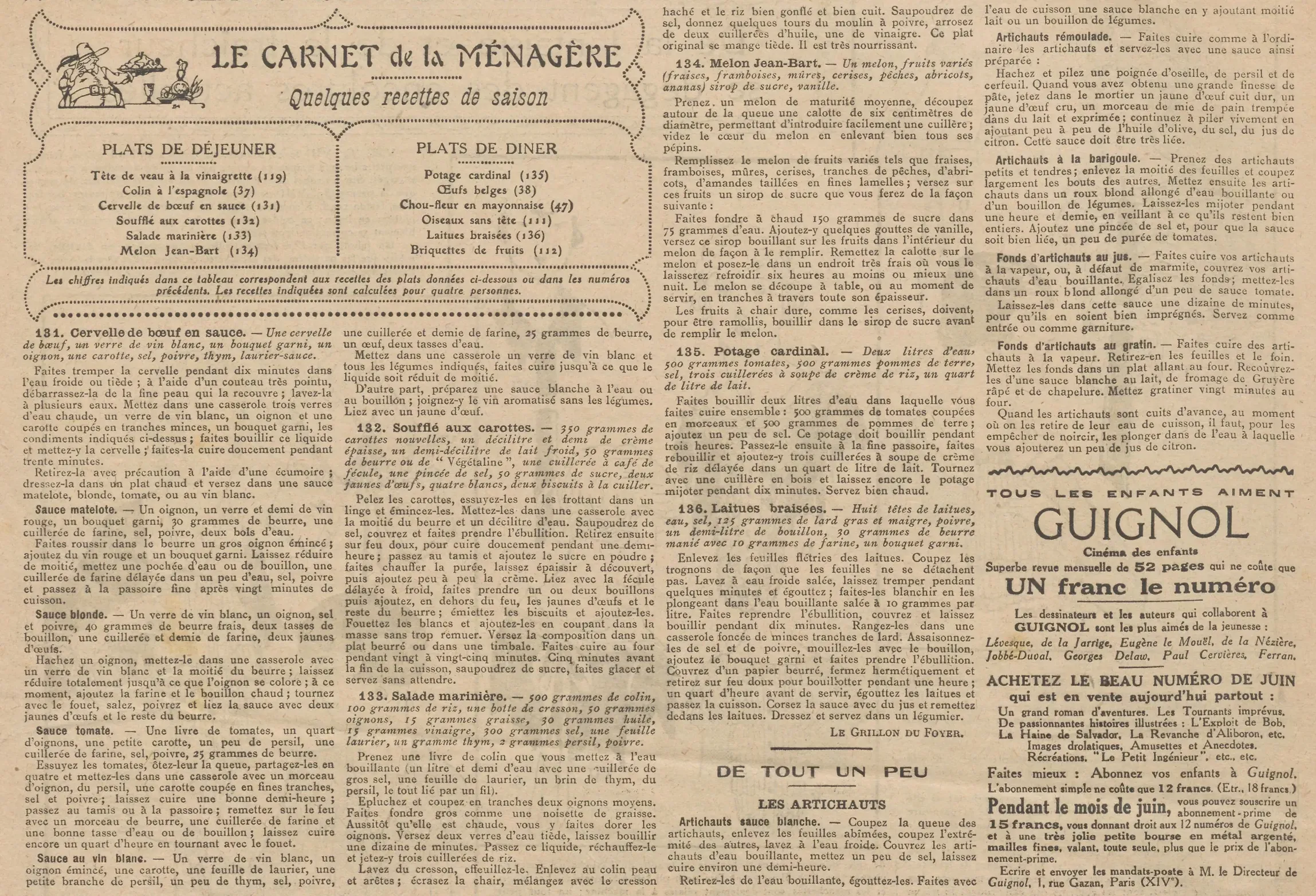 Le Petit écho de la mode Le Grillon du foyer, La Bignole, and the housewife's notebook with recipes