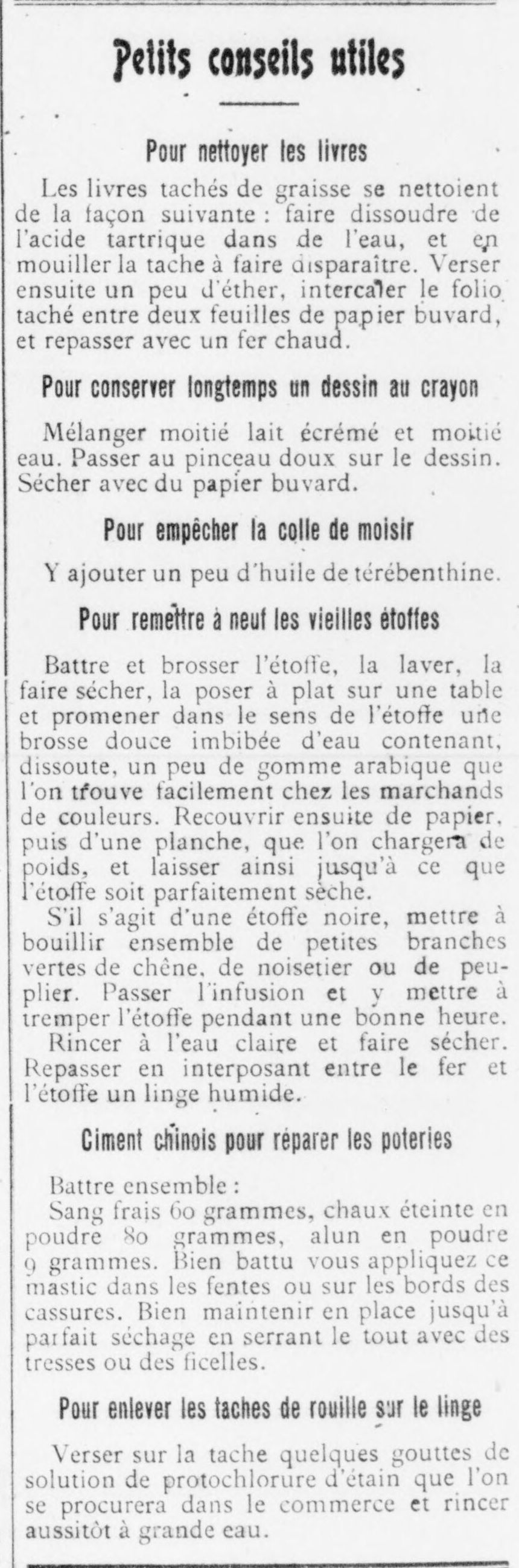Le Funi 1925 06 21 usefull tips Chinese cement for repairing pottery, To remove rust stains from clothing, To Prevent Glue from Molding, To Clean Books